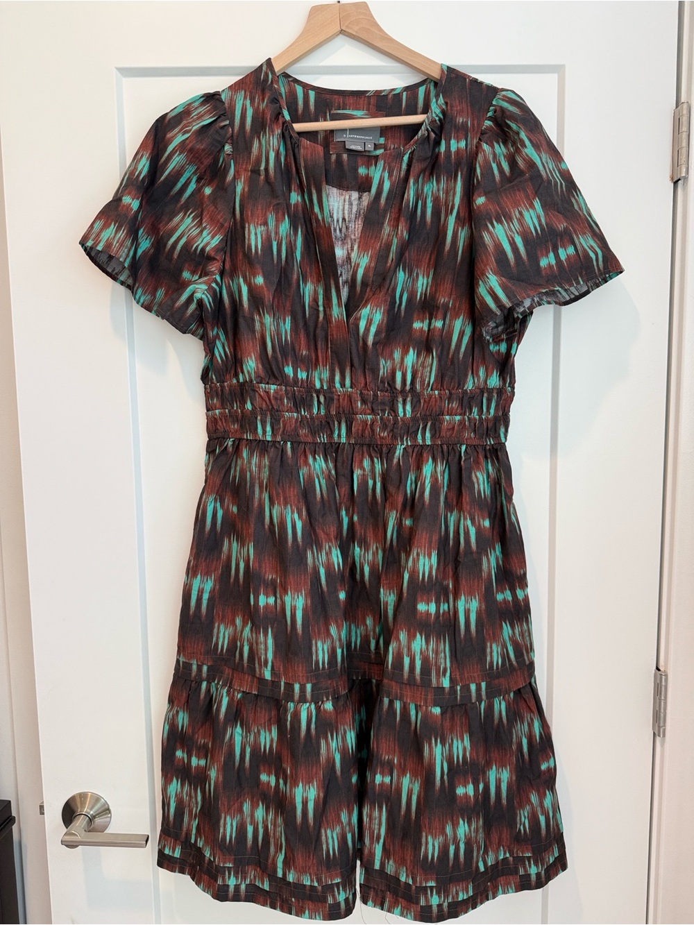 Anthropologie Brown & Teal Printed Short Sleeve Mini Dress